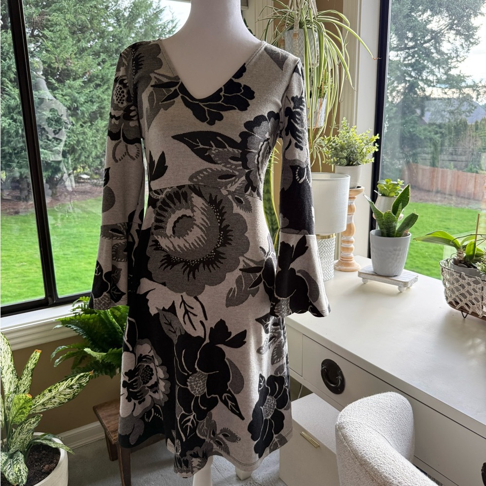 Maeve Black and Gray Floral Long Sleeve Dress